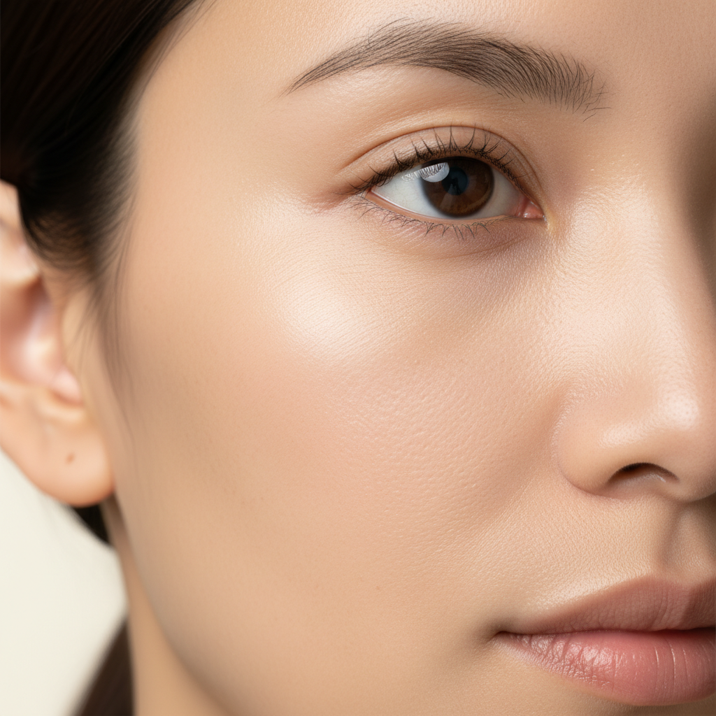 Close-up of facial skin texture after 28 days of treatment, smoother and brighter, same lighting as before