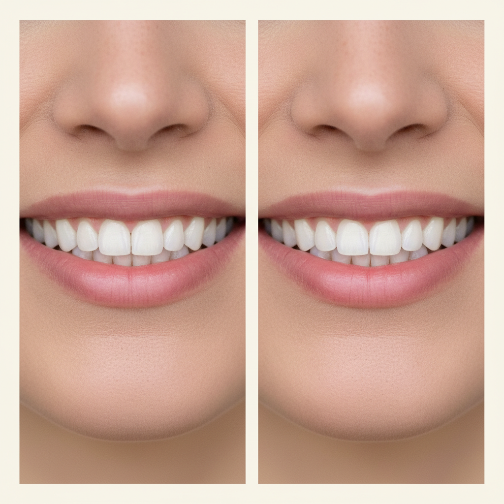 Close-up of the same smile after a 14-day whitening kit, brighter teeth, same lighting