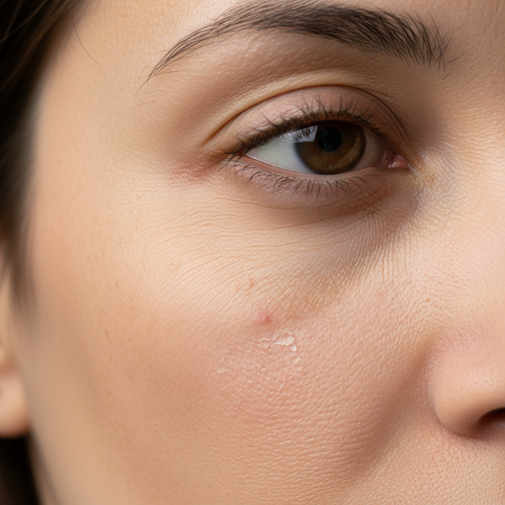 Close-up of facial skin texture before treatment, neutral north light