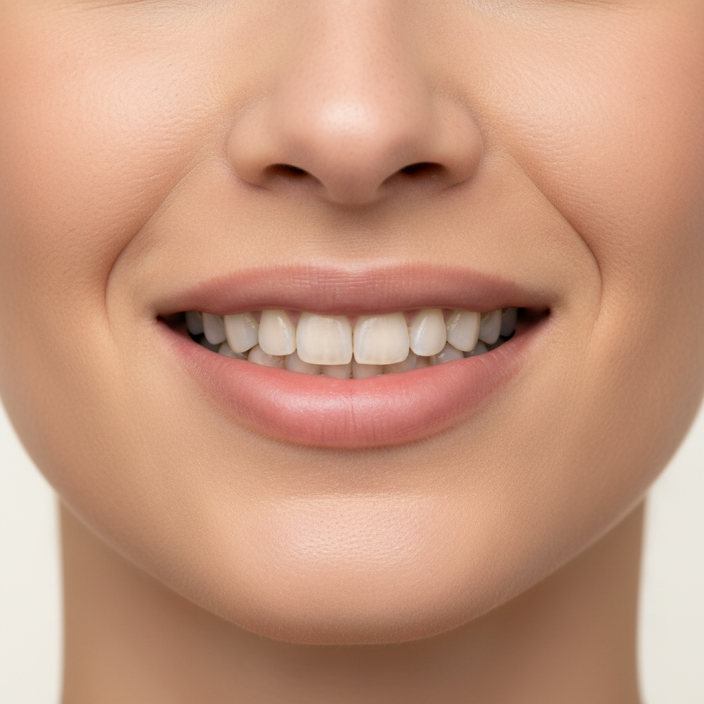 Close-up of a smile with naturally yellow teeth, soft daylight