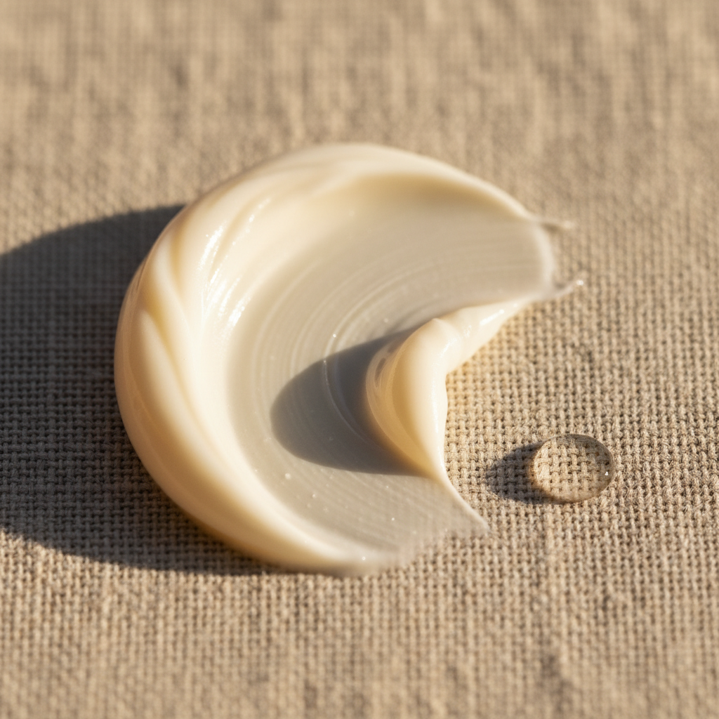 Macro close-up of a swirl of pearlescent cream on a linen surface