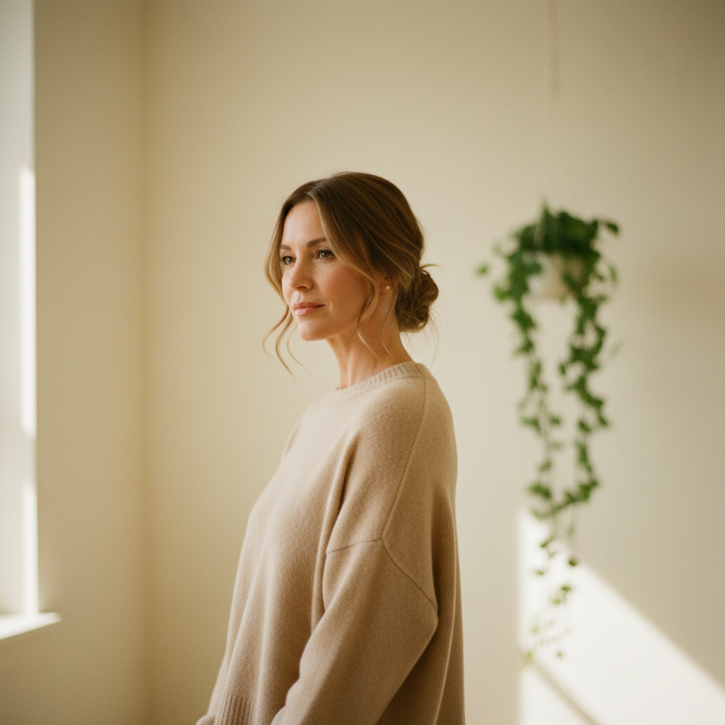 Editorial portrait of a woman in soft beige knitwear in a sunlit minimalist studio, calm expression