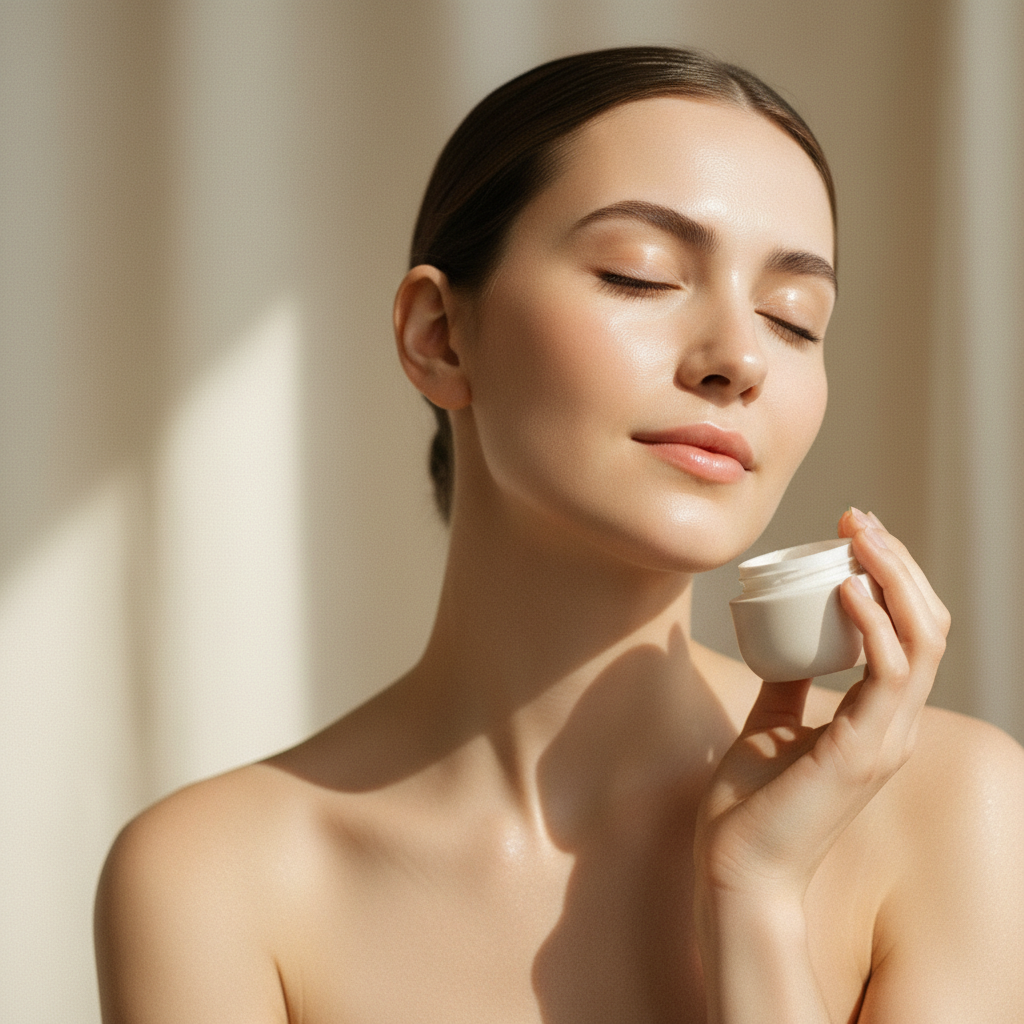 A model with luminous skin holding an ivory cosmetic jar in soft window light