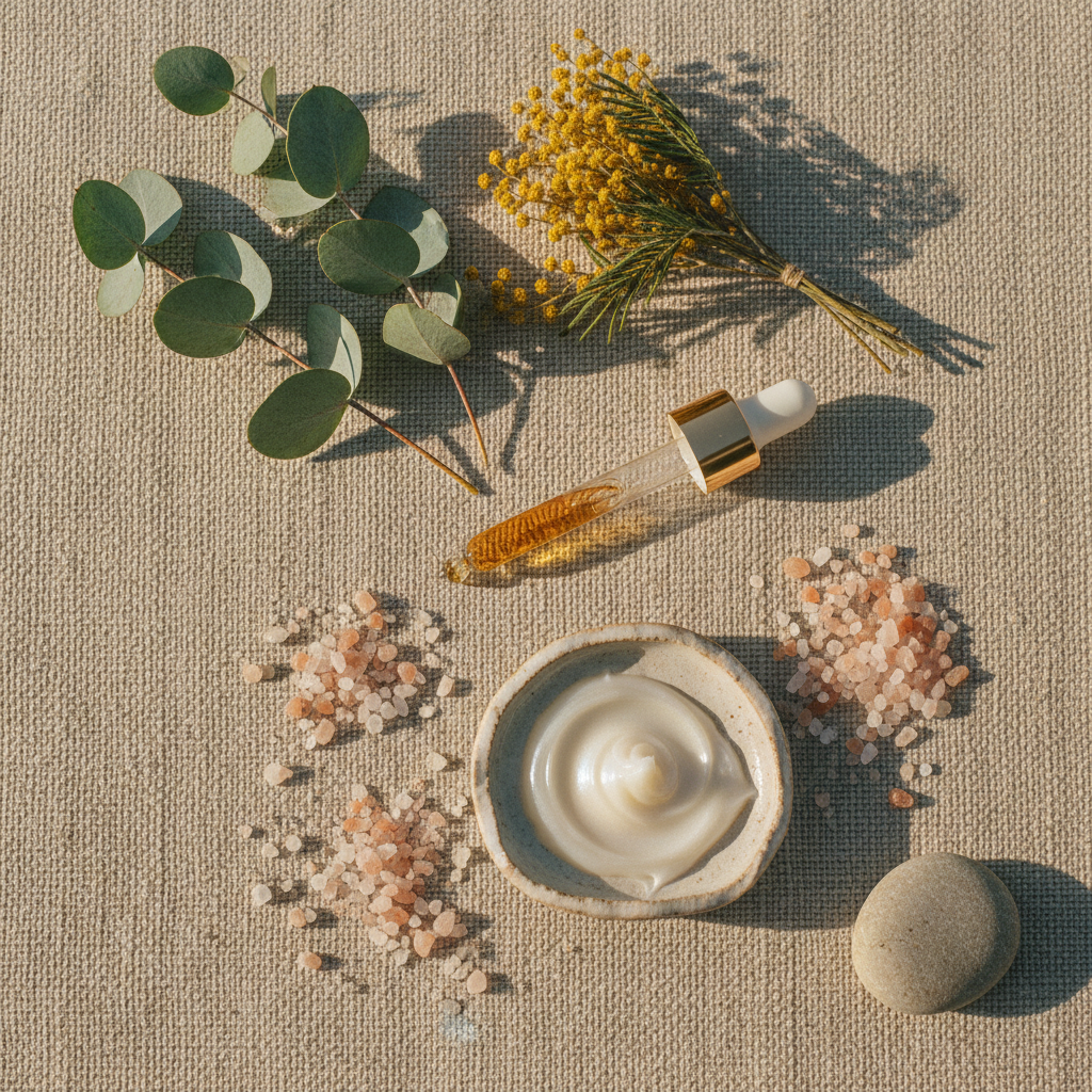 Overhead arrangement of botanical ingredients — eucalyptus sprigs, dried mimosa, glass dropper, ceramic dish with cream — on linen