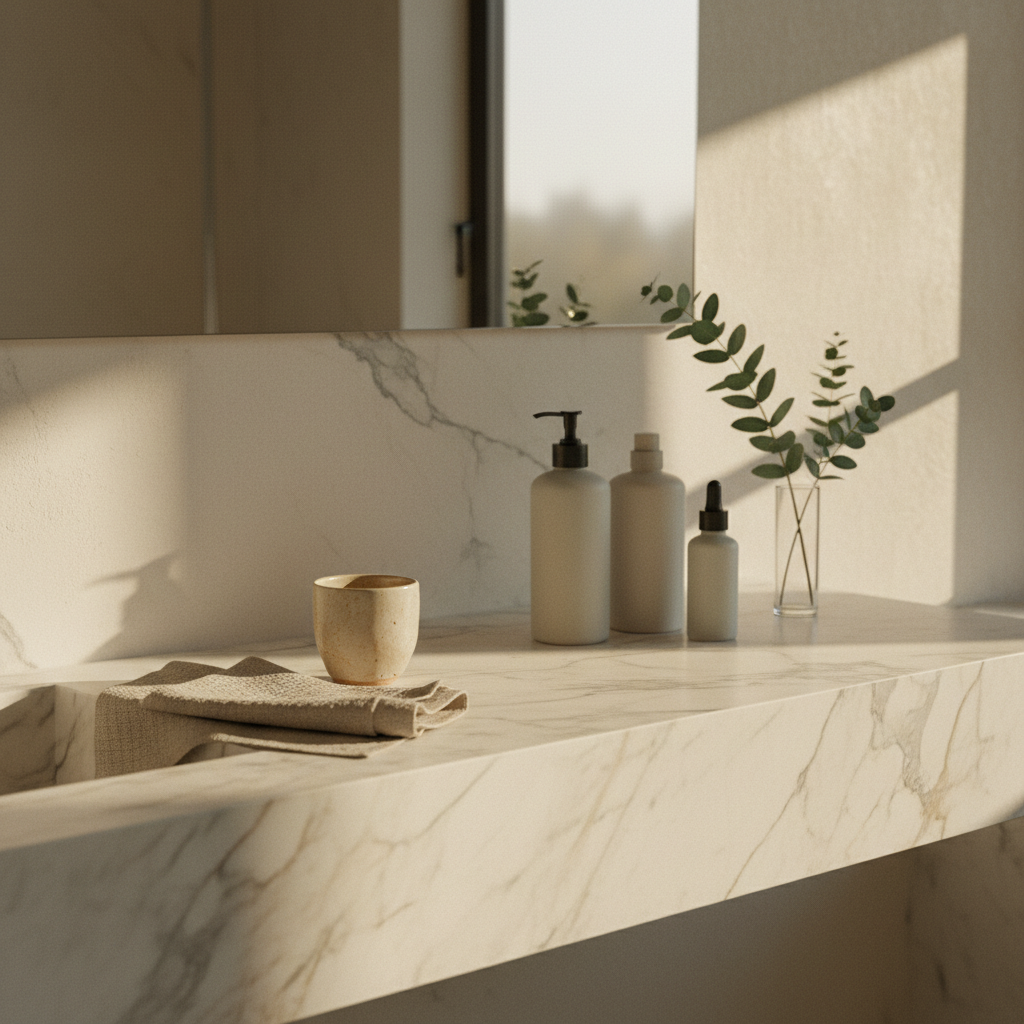 Wide editorial shot of a marble vanity with linen towel, ceramic cup, eucalyptus, and a row of unbranded cosmetic bottles in warm afternoon light