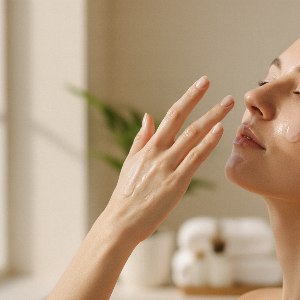 Hands gently applying a translucent serum to a face, soft natural light